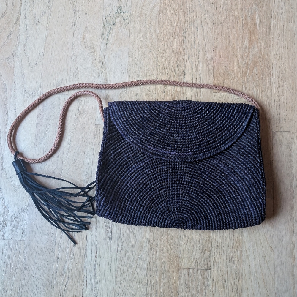 Handwoven Black Shoulder Bag with Tan Strap - Women's Shoulder Bag